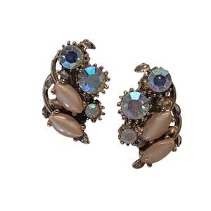Vintage aurora borealis peach navette stone clip-on earrings